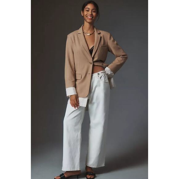 Anthropologie Maeve The Bennet Twofer Blazer Striped Shirttail Hem Jacket Tan - Picture 16 of 16